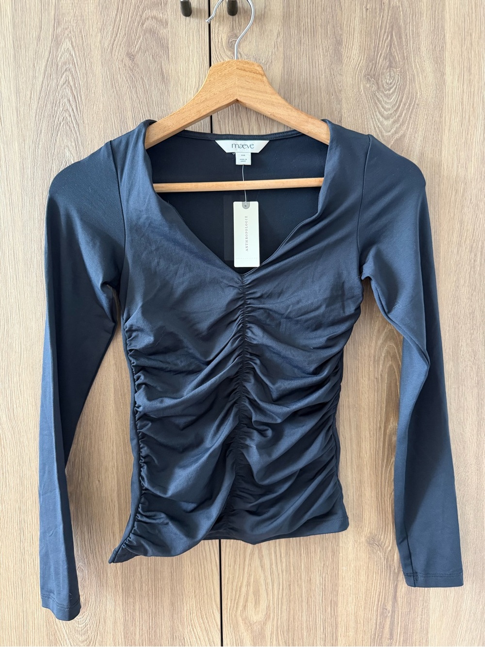 Maeve Navy Ruched Long-Sleeve Cowl Neck Top
